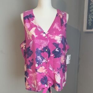🆕️ Nine West Pink Tie Front Tank Top with Abstract Floral Design NWT XXL
